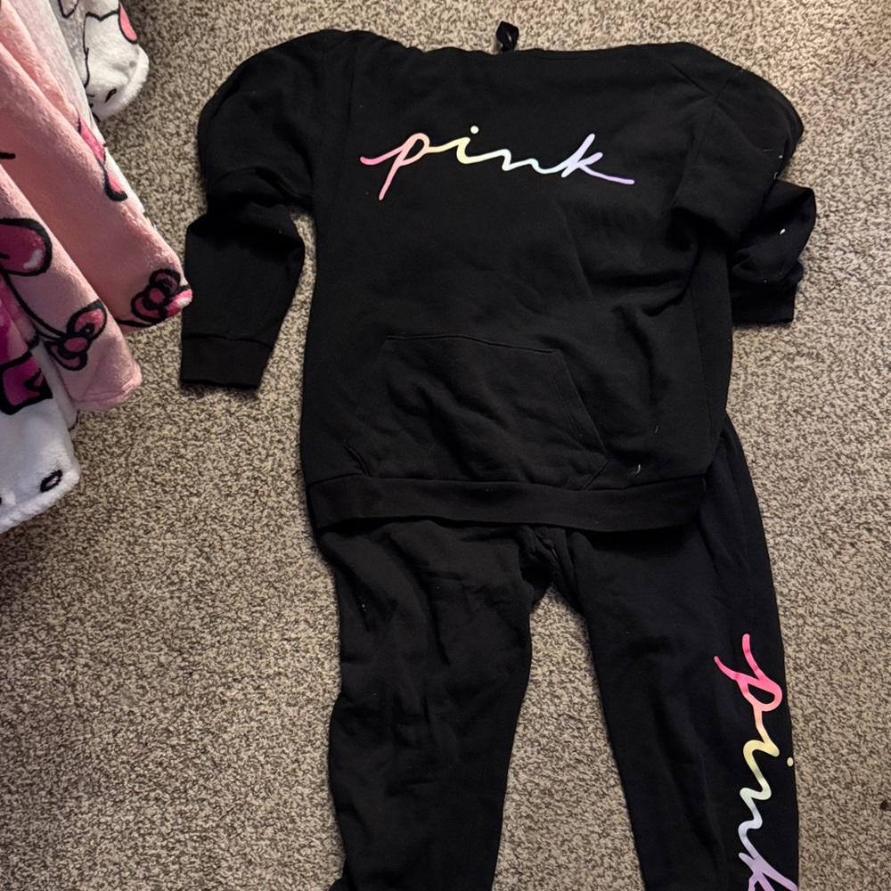 PINK Victoria's Secret Black Jumpsuit with Pink and Purple Logo